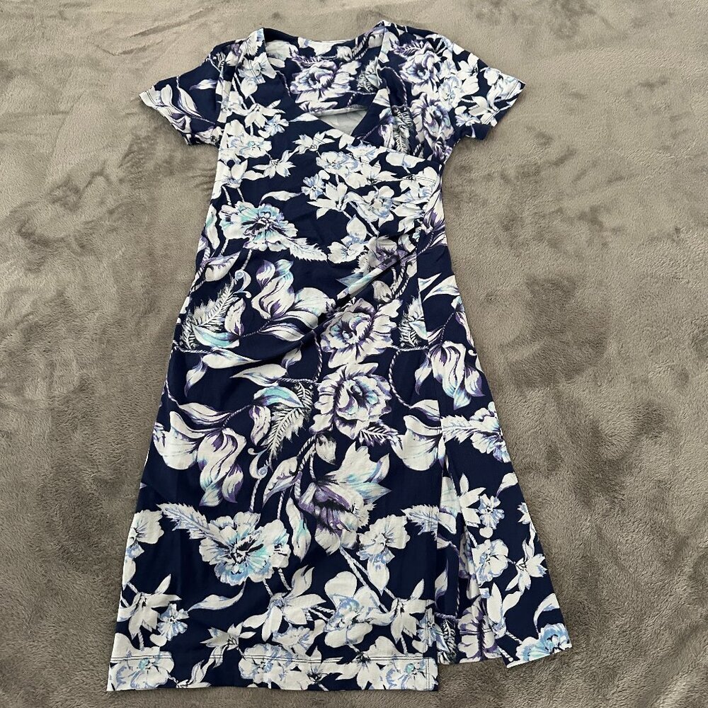 Soft Surroundings Dress SMALL Blue Floral Short Sleeve Wrap Style Stretch Knit